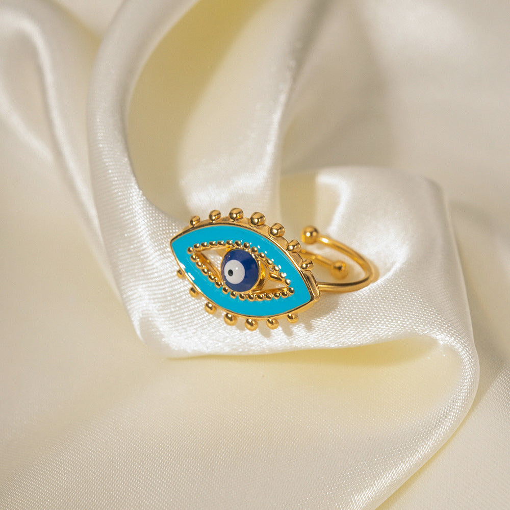 Anello da donna alla moda con occhio di Allah geometrico in smalto blu, placcato oro 18 carati in acciaio inossidabile