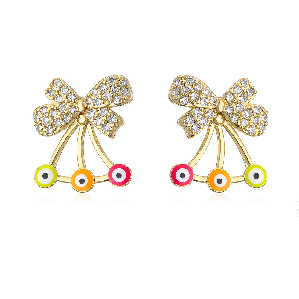 Orecchini a cerchio a forma di fiocco geometrico in rame con placcatura in oro 18 carati e zirconi microincastonati a forma di occhio di Allah