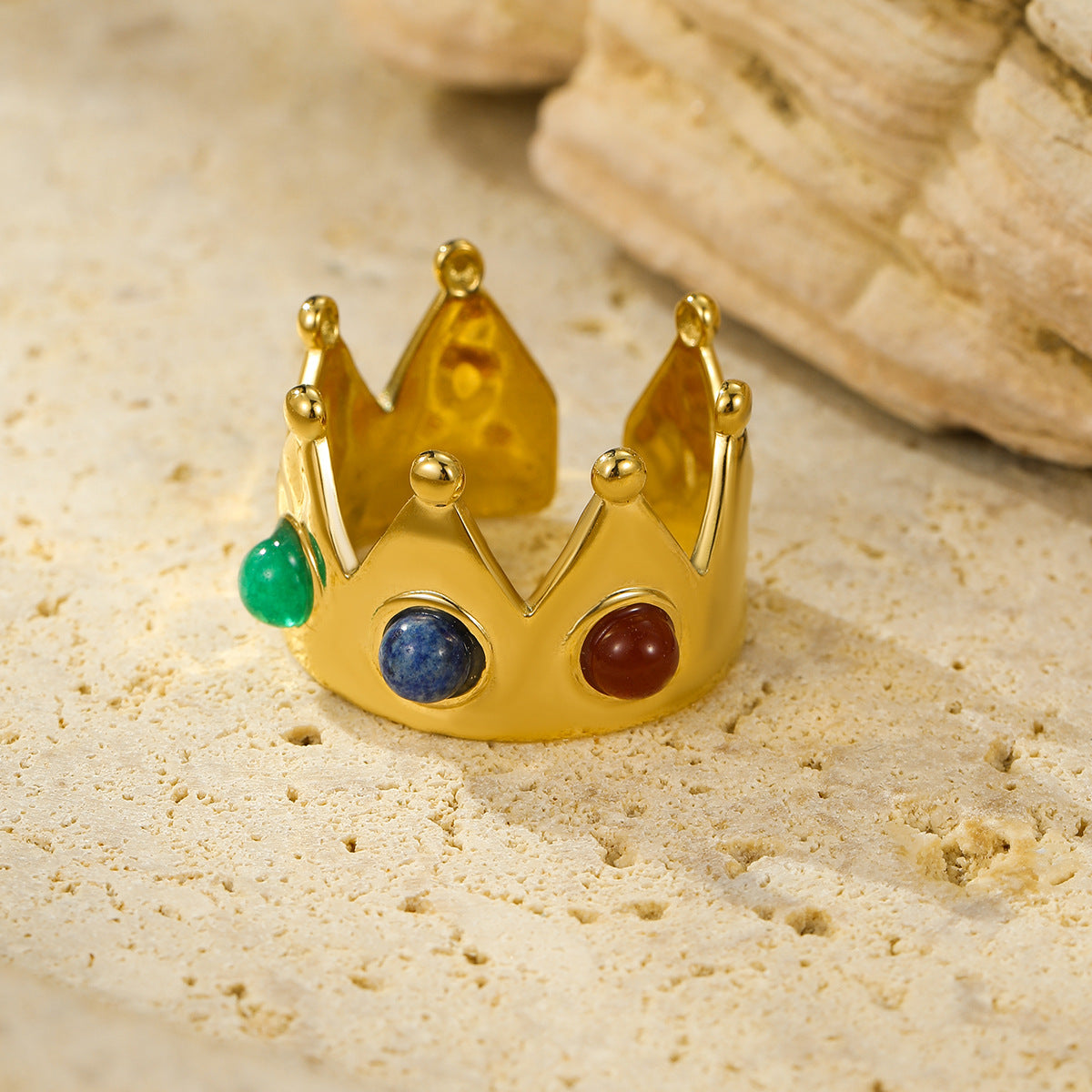 Anello minimalista a forma di corona in acciaio inossidabile placcato oro 18 carati con fascia aperta regolabile da donna
