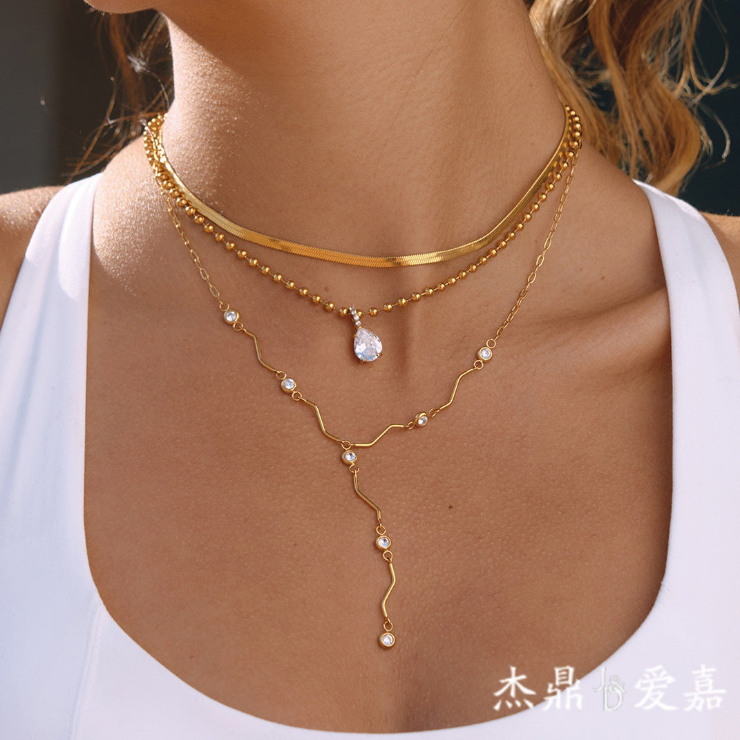 Minimalist Geometric Bar Chain Necklace with Cubic Zirconia PVD Stainless Steel for Women