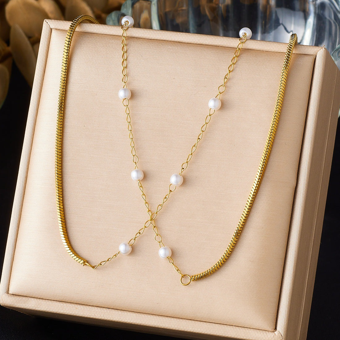 Minimalist Luxury Gold Plated Round Snake Chain Stainless Steel Double Layer Faux Pearl Necklace for Women
