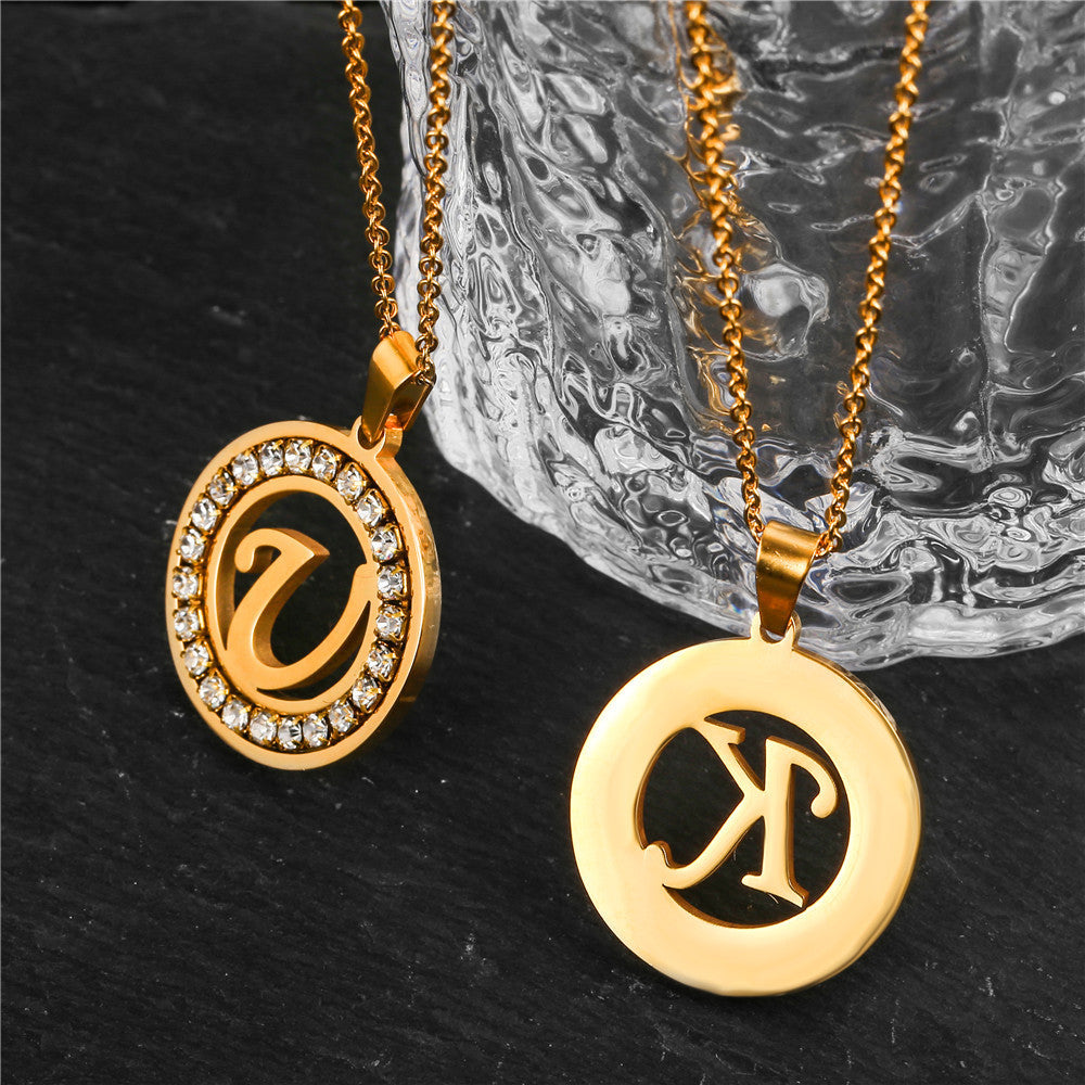 Minimalist Gold Plated Round Letter Rhinestone Inlay Pendant Necklace Titanium Steel Cable Chain