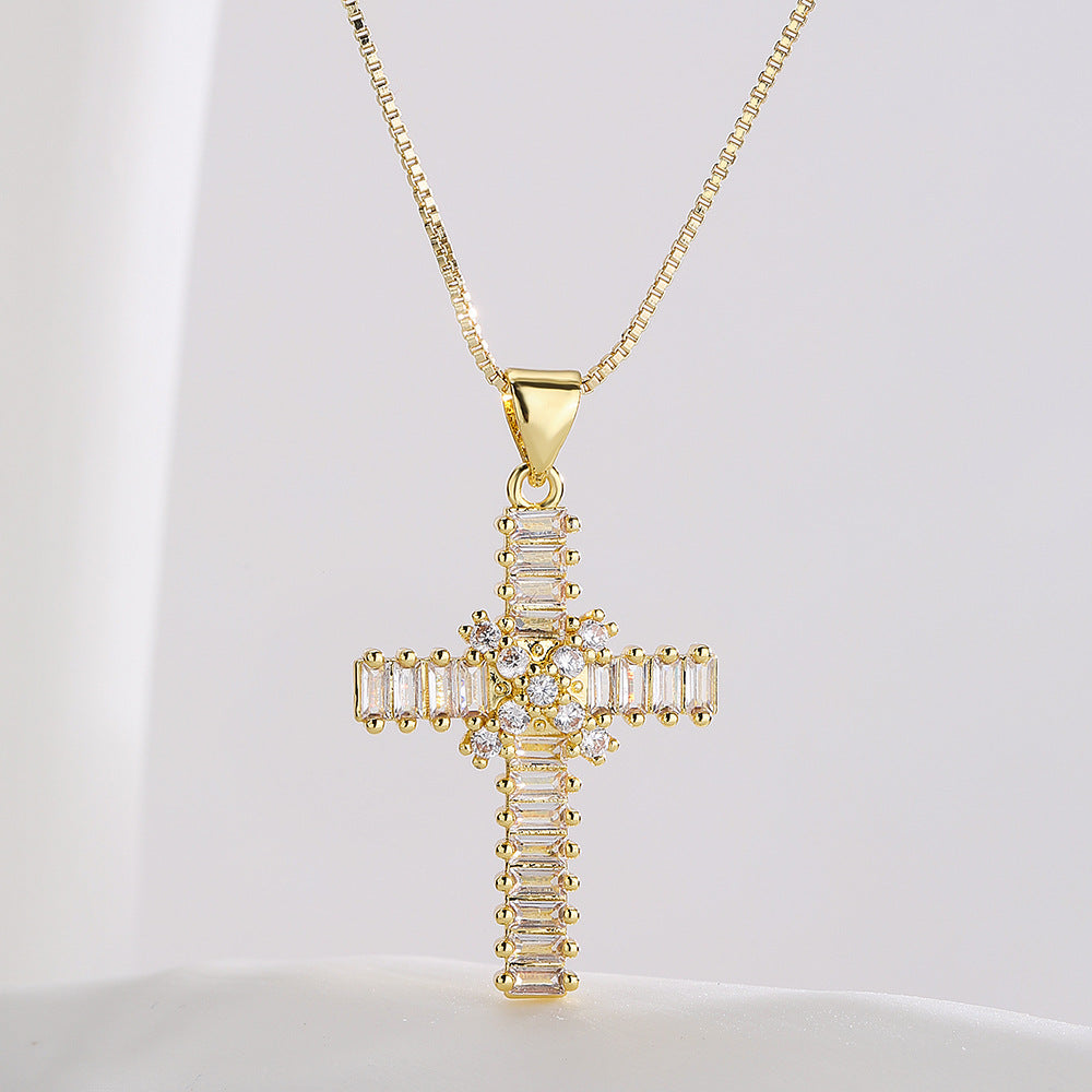 Geometric Pendant Necklace for Women in Copper with Real Gold Plating and Zircon Inlay, Hip-Hop Style