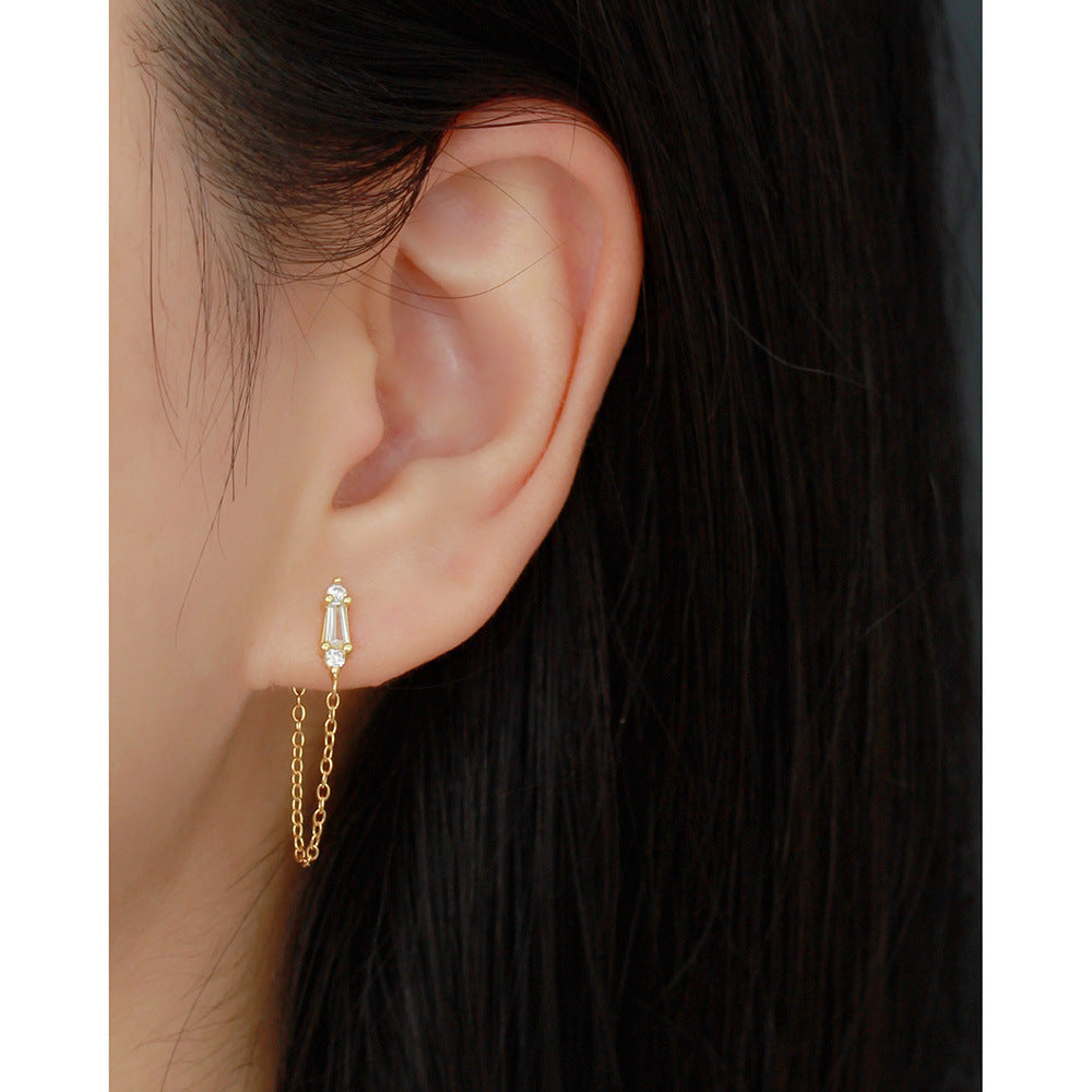 Orecchini a Catena Pendente con Inlay in Zirconia Cubica in Argento Sterling 925 Geometrici da Donna
