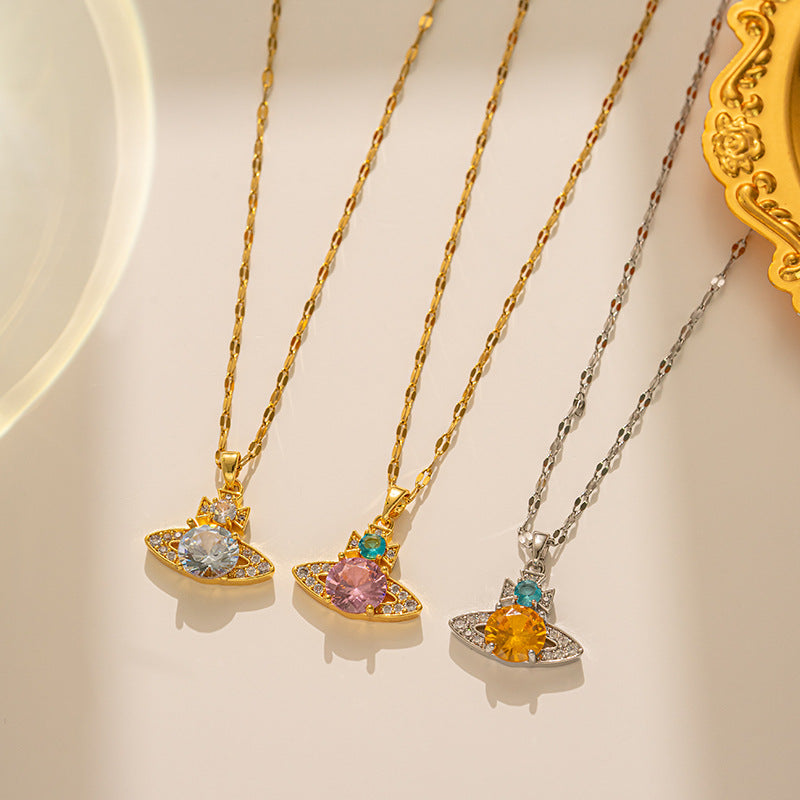 Luxury Geometric Planet Pendant Necklace for Women in Titanium Steel with Micro-Pave Zirconia and Polished Waterwave Chain
