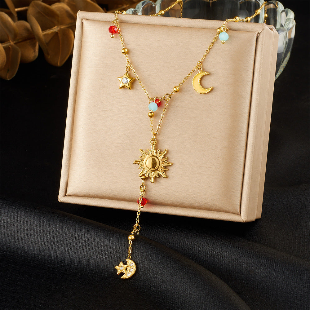 Sweet Geometric Strawberry Drip Oil Rhinestone Crystal Plated Stainless Steel Y-Necklace for Women