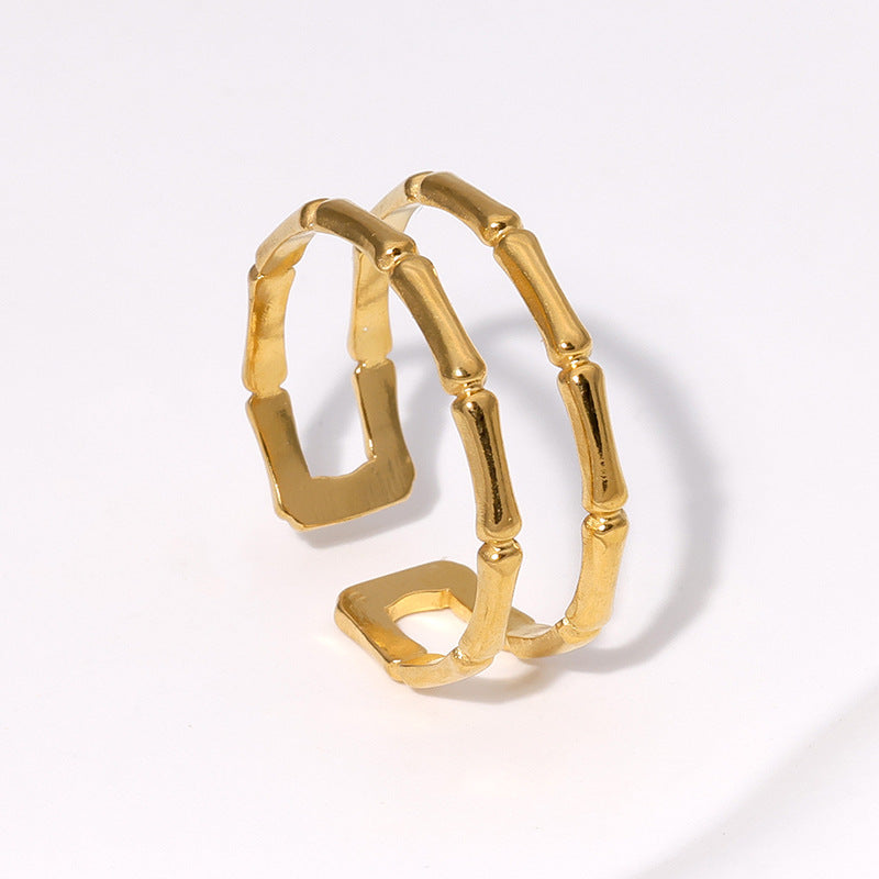 Anillo minimalista de bambú en acero inoxidable con acabado chapado, banda abierta ajustable para mujer
