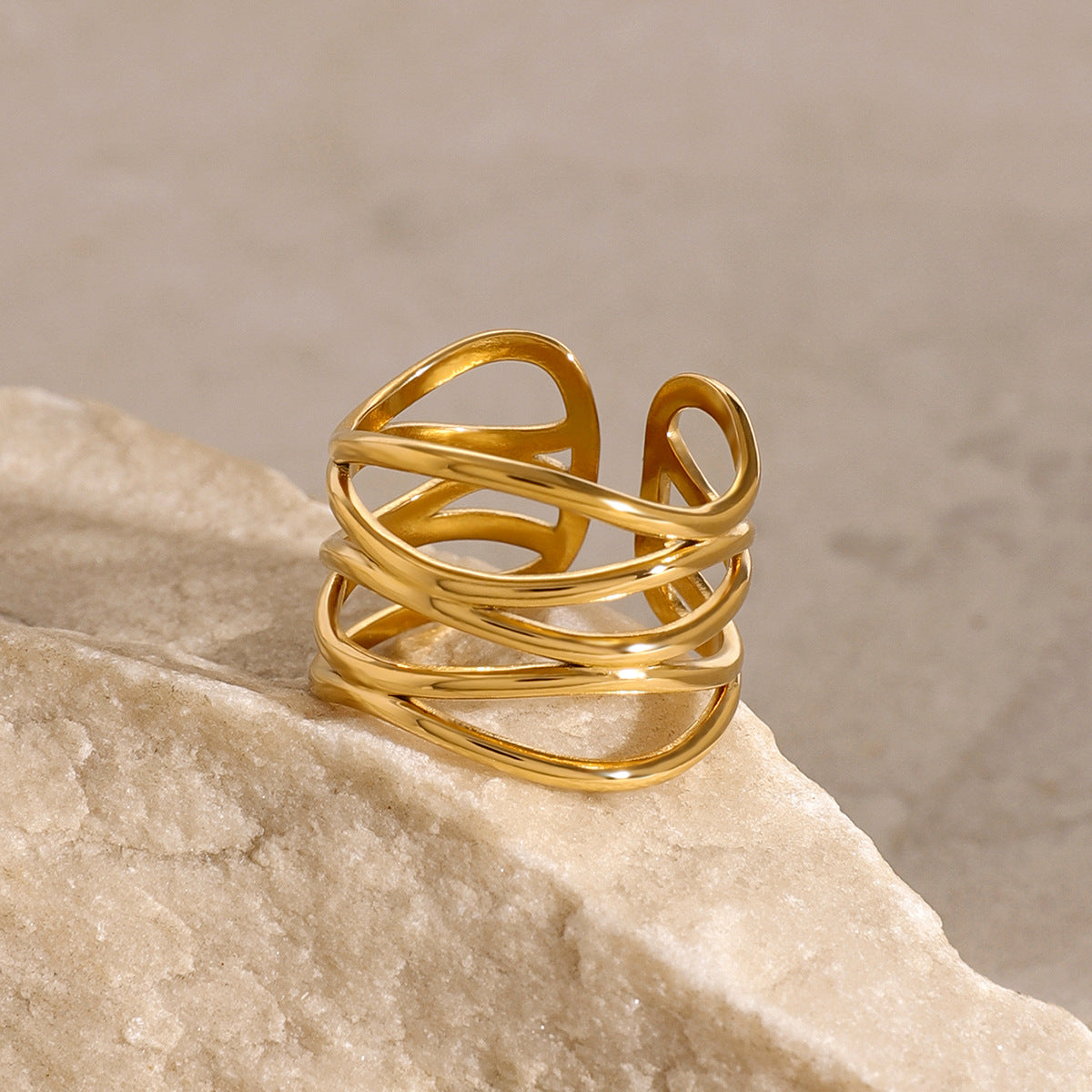 18K Gold Plated Geometric Stainless Steel Ring for Women