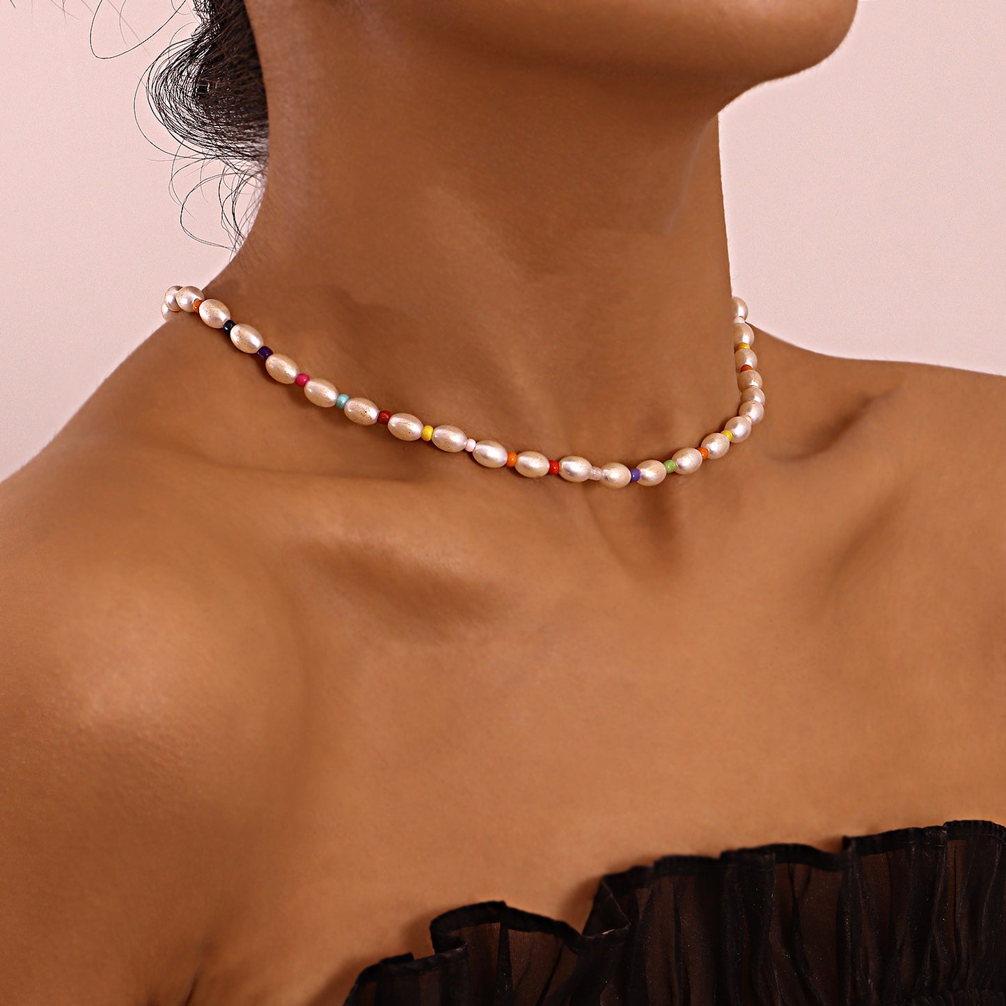 Geometric Oval Pearl Necklace for Women with Spring Clasp and Colorful Seed Beads