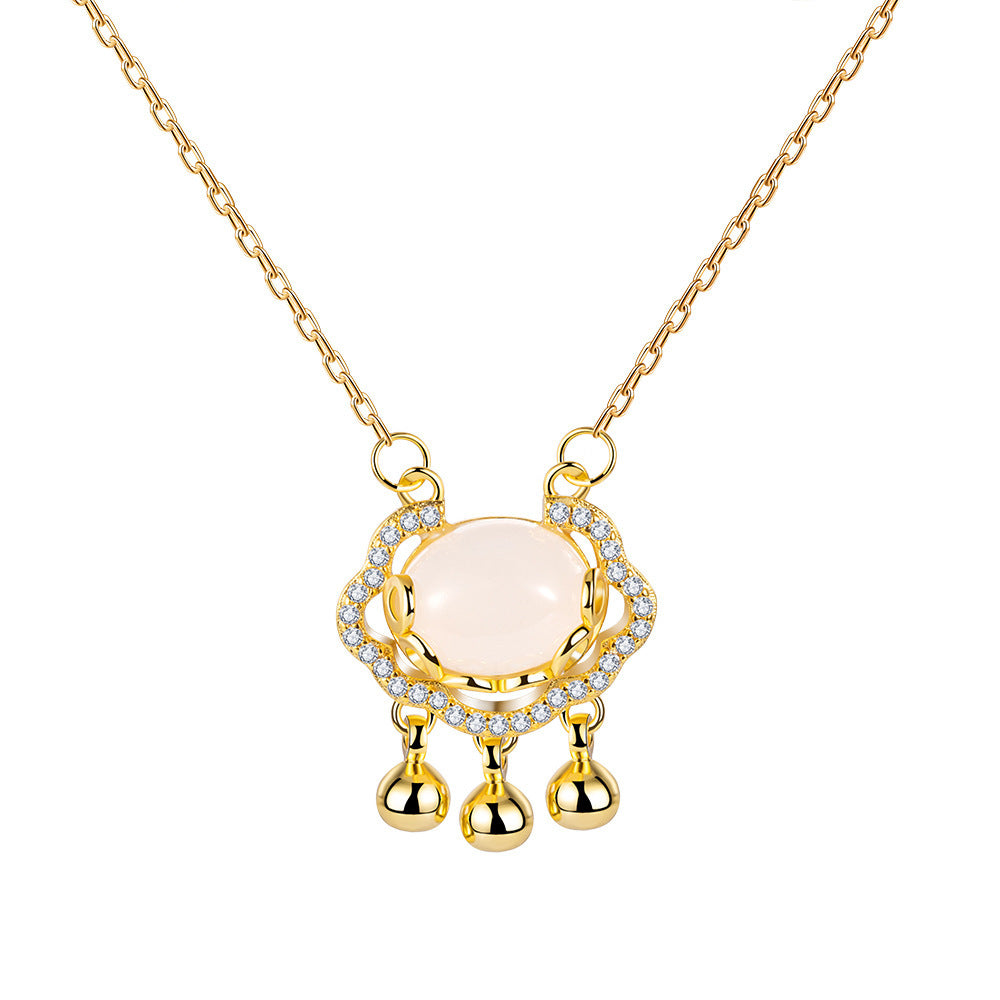 Chinese Style Cloud and Ruyi Peace Lock Pendant Necklace in Titanium Steel with Gold Plating on O-Chain for Women