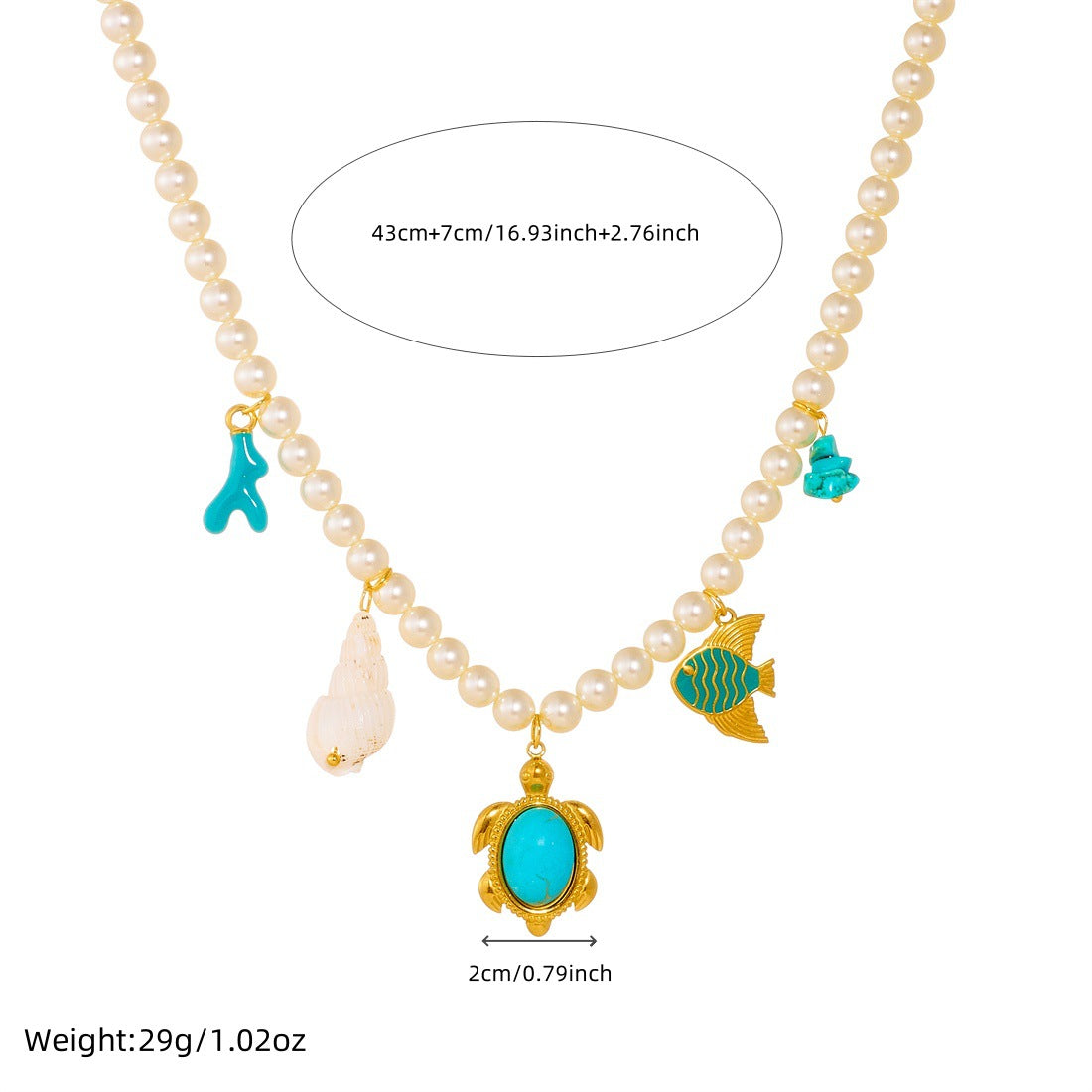 Sweet Gold Plated Drip Oil Animal Fish Turtle Conch Stainless Steel Pearl Turquoise Necklace for Women