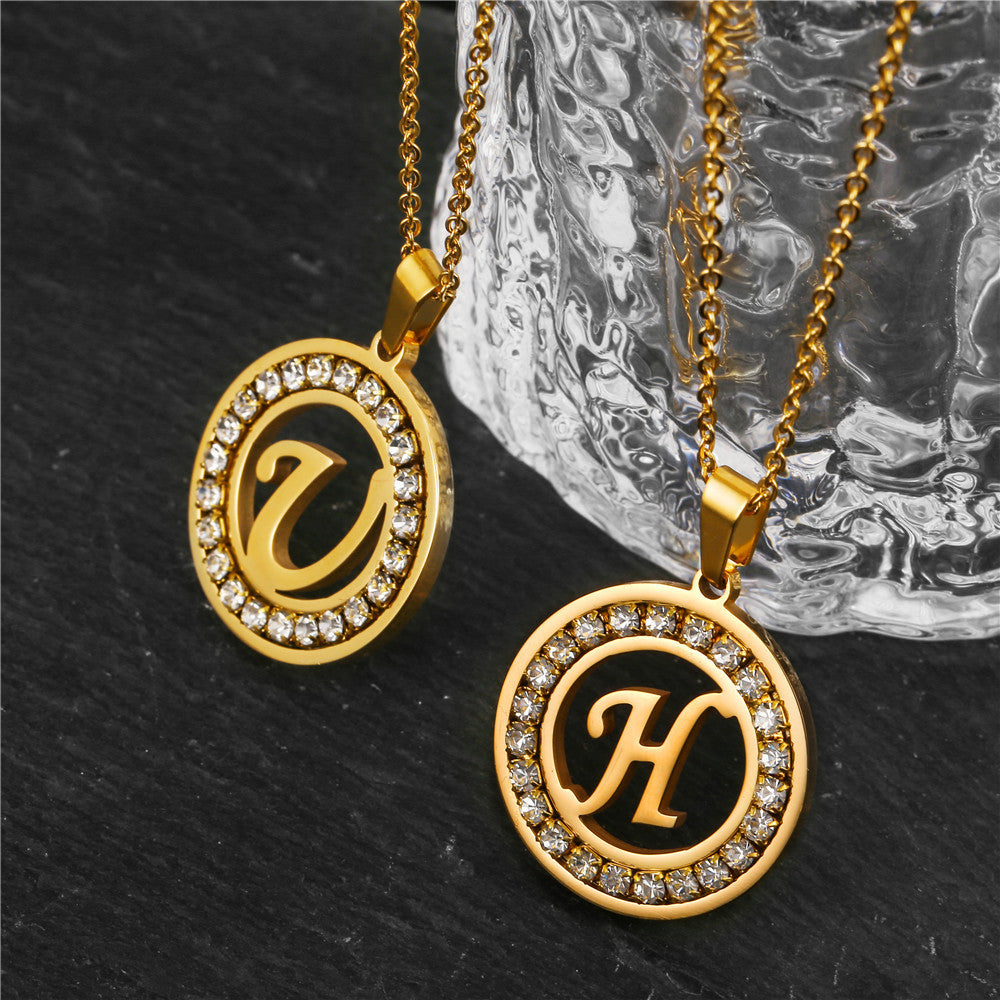 Minimalist Gold Plated Round Letter Rhinestone Inlay Pendant Necklace Titanium Steel Cable Chain