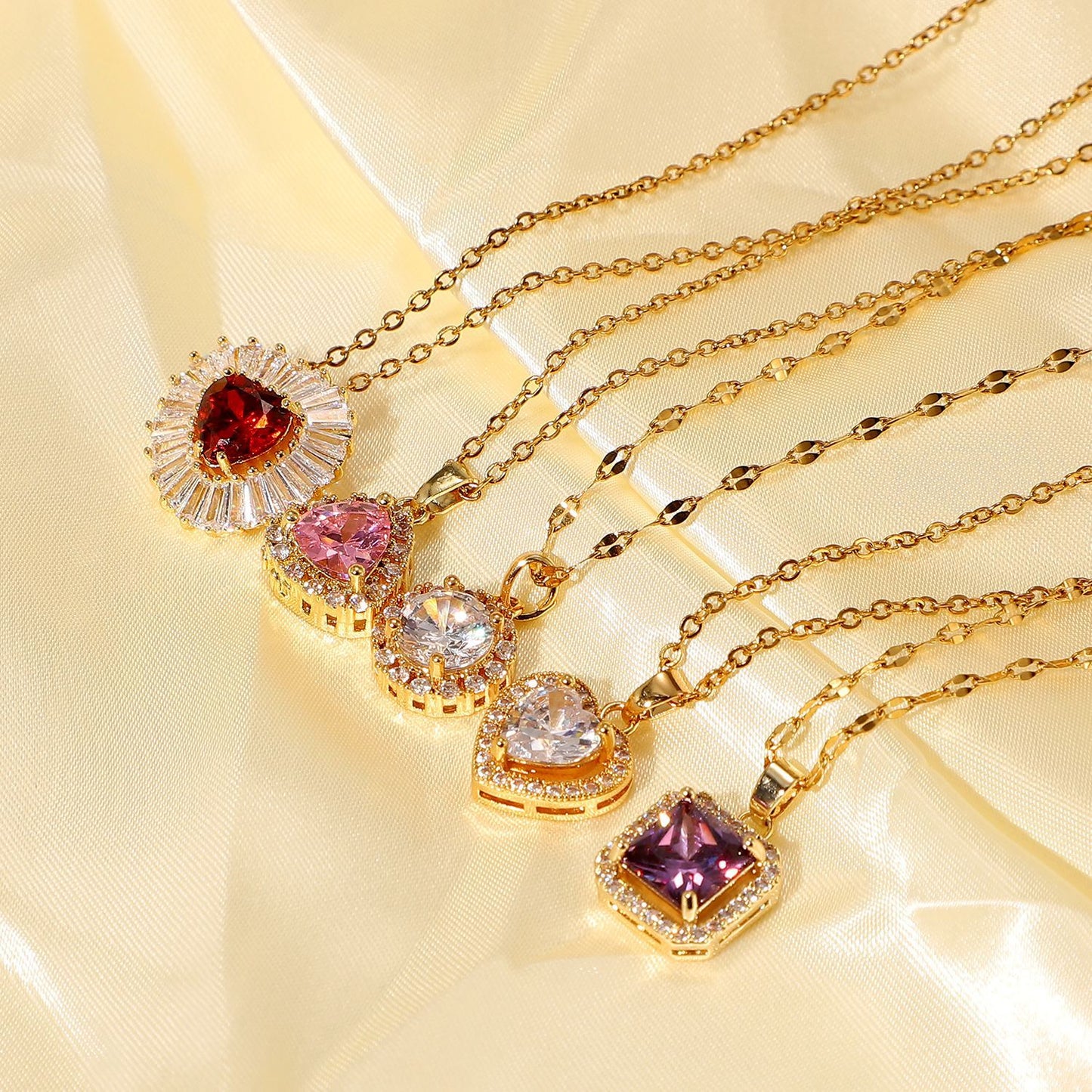 Trendy 18K Gold Plated Stainless Steel Necklace with Purple Square Zircon Pendant for Women