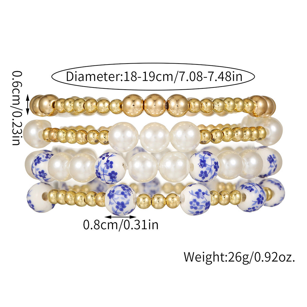 Chinese Style Blue and White Ceramic Imitation Pearl Beaded Stretch Bracelet for Women