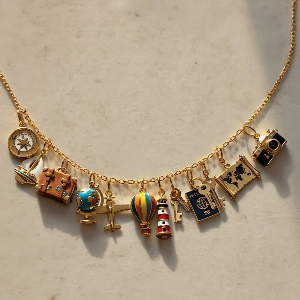 Minimalist Geometric Brass Plated Pendant Necklace with Compass Globe Telescope Airplane Hot Air Balloon Charms