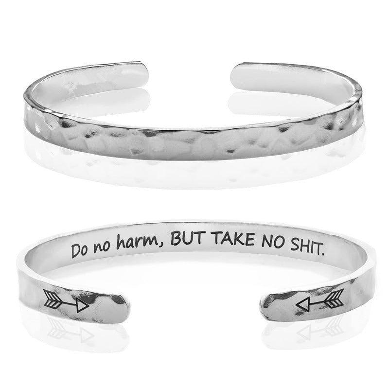 Minimalist Stainless Steel Engraved Open Moon Surface Textured Hammered Bracelet
