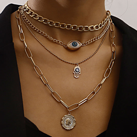 Collana con ciondolo rotondo vintage con occhio di demone geometrico da donna con finitura placcata in lega e catena di bambù