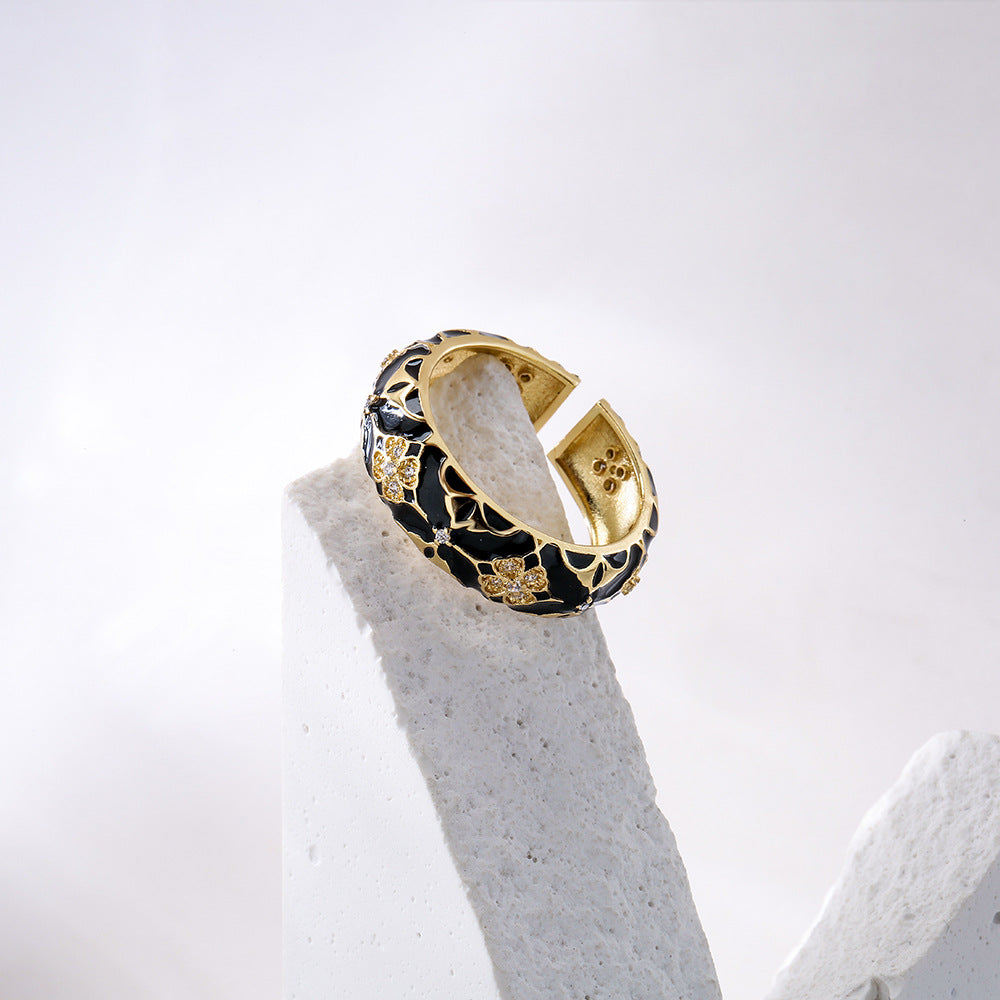Bohemian Vintage Geometric Open Ring for Women in Copper with 18K Gold Plating and Enamel Finish
