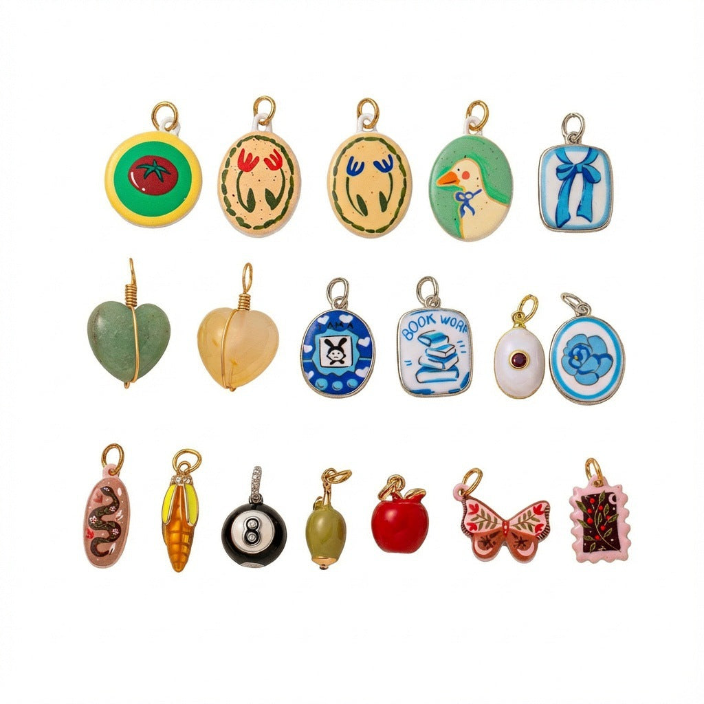 Vintage Artistic Hand-Painted Floral Animal Geometric Cartoon Brass Pendant Necklace
