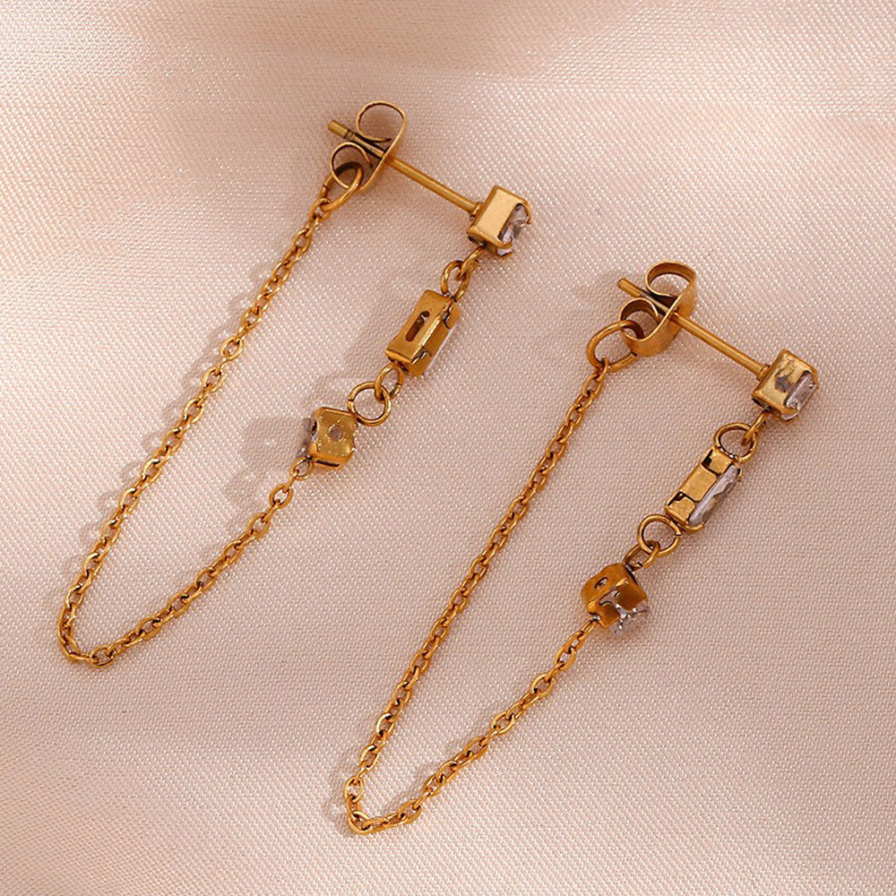 Minimalist Geometric Stainless Steel Ear Cuffs with Zircon Accents and Chain Detail for Women
