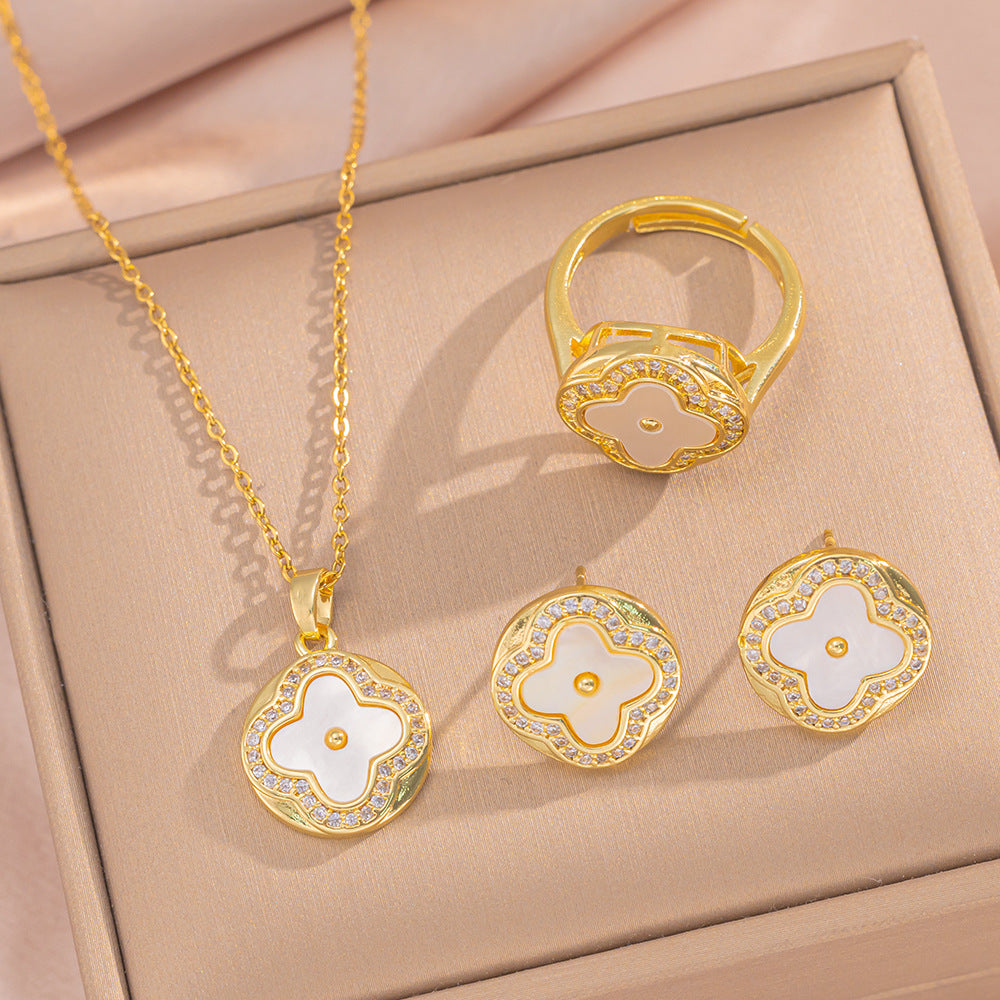 Set di Collana e Orecchini con Ciondolo a Goccia a Cuore Minimalista di Lusso in Acciaio al Titanio con Intarsi di Strass e Placcatura in Oro su Catena a O
