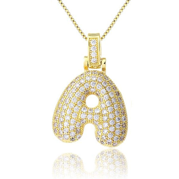 14K Gold Plated Brass Letter Pendant Necklace with Cubic Zirconia Inlay Box Chain for Women