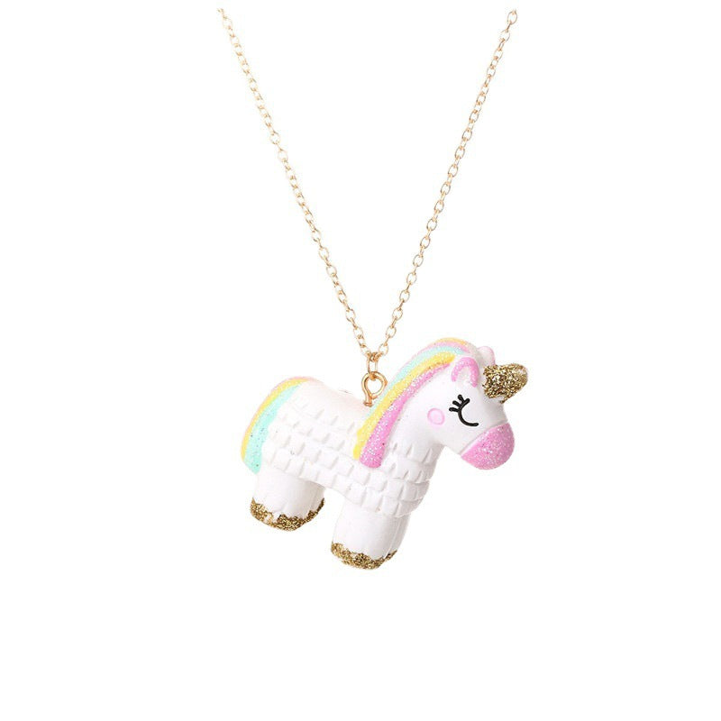 Collar con colgante de unicornio de dibujos animados para niños con diseño de arco iris 3D colorido de resina en cadena tipo O