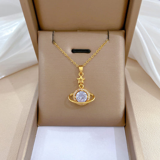 Sweet Elegant Geometric Moon Rhinestone Plated Titanium Steel Necklace for Unisex