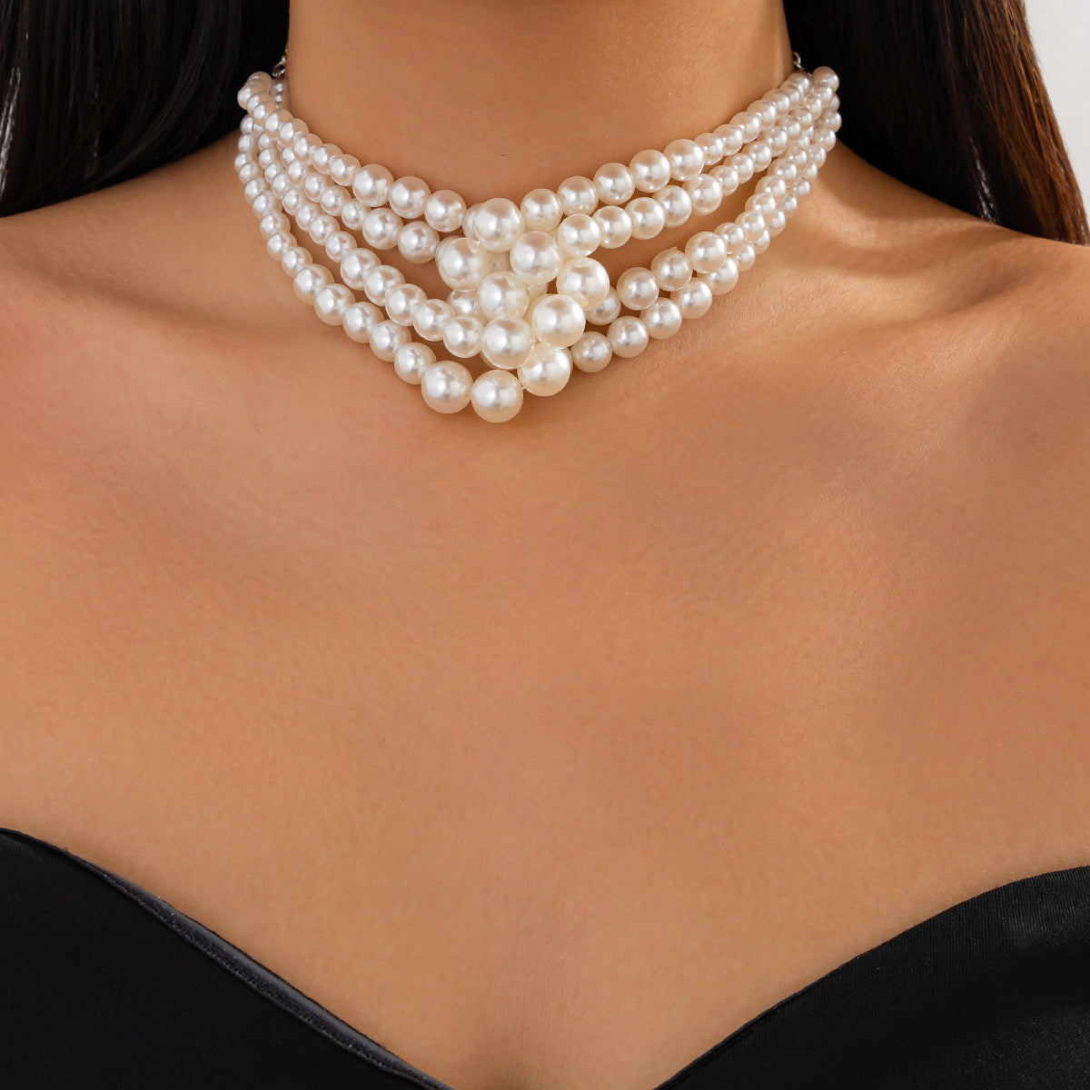 Elegant Luxury Geometric Faux Pearl Plated Alloy Ball Chain Choker Necklace for Women