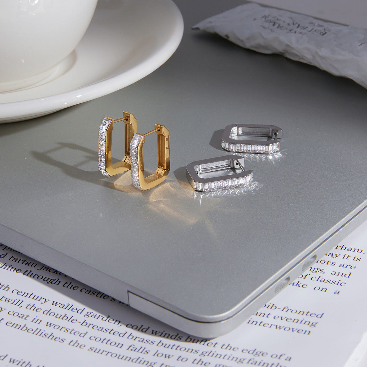 Minimalist Geometric Square Stainless Steel Plated Cubic Zirconia Hoop Earrings for Women