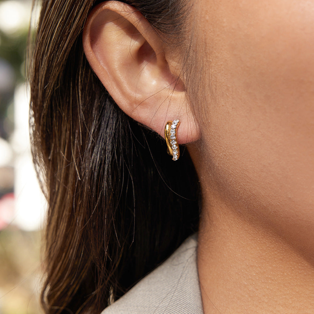 Minimalist Luxury Geometric Wave Stainless Steel PVD Gold Plated Rhinestone C-Hoop Earrings for Women
