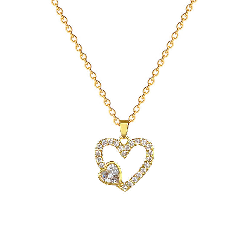 Collana in acciaio inossidabile a forma di cuore stile cartone animato con intarsio completo di strass per donne e uomini, delicata catena per clavicola