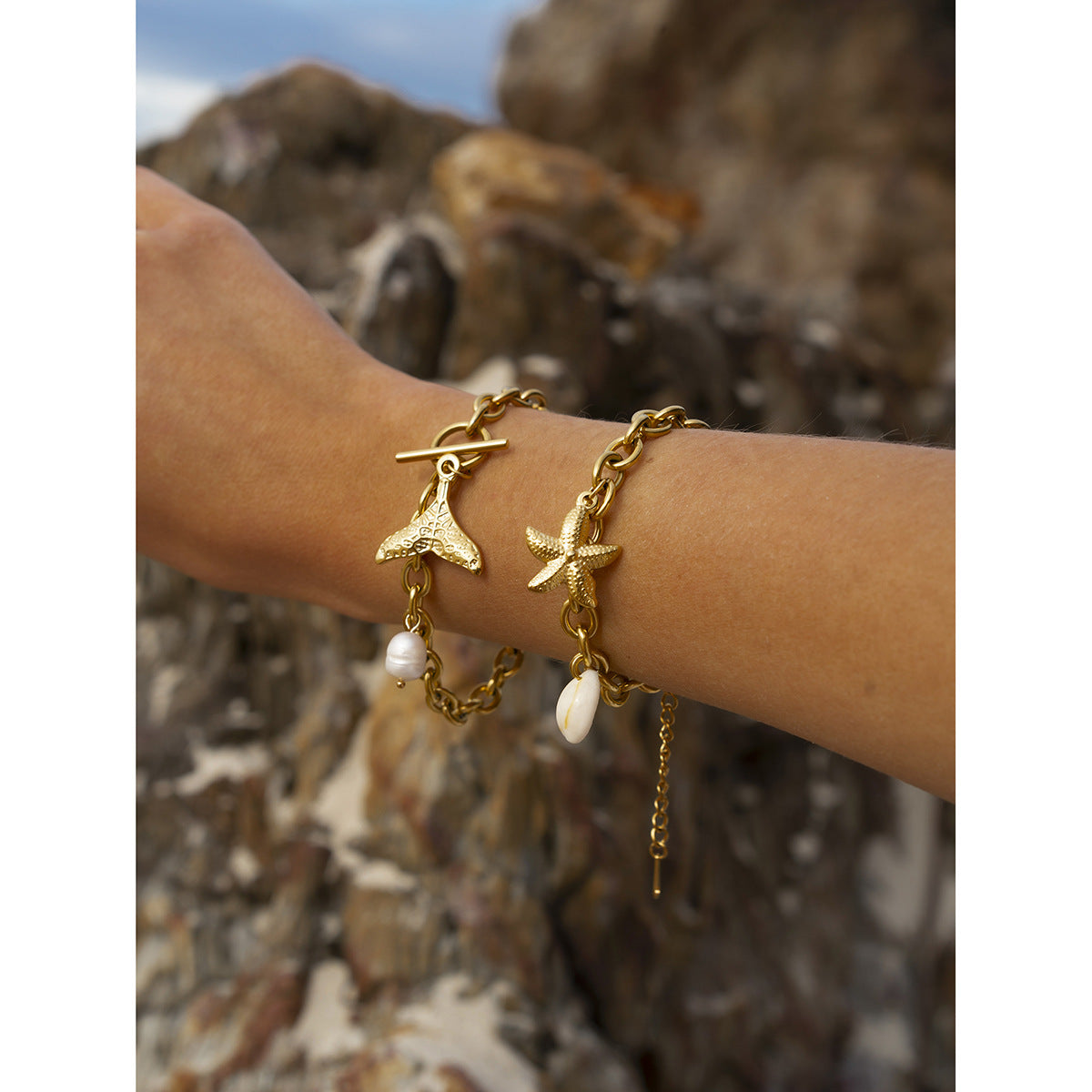 18K Gold Plated Stainless Steel Starfish Shell Bracelet for Women