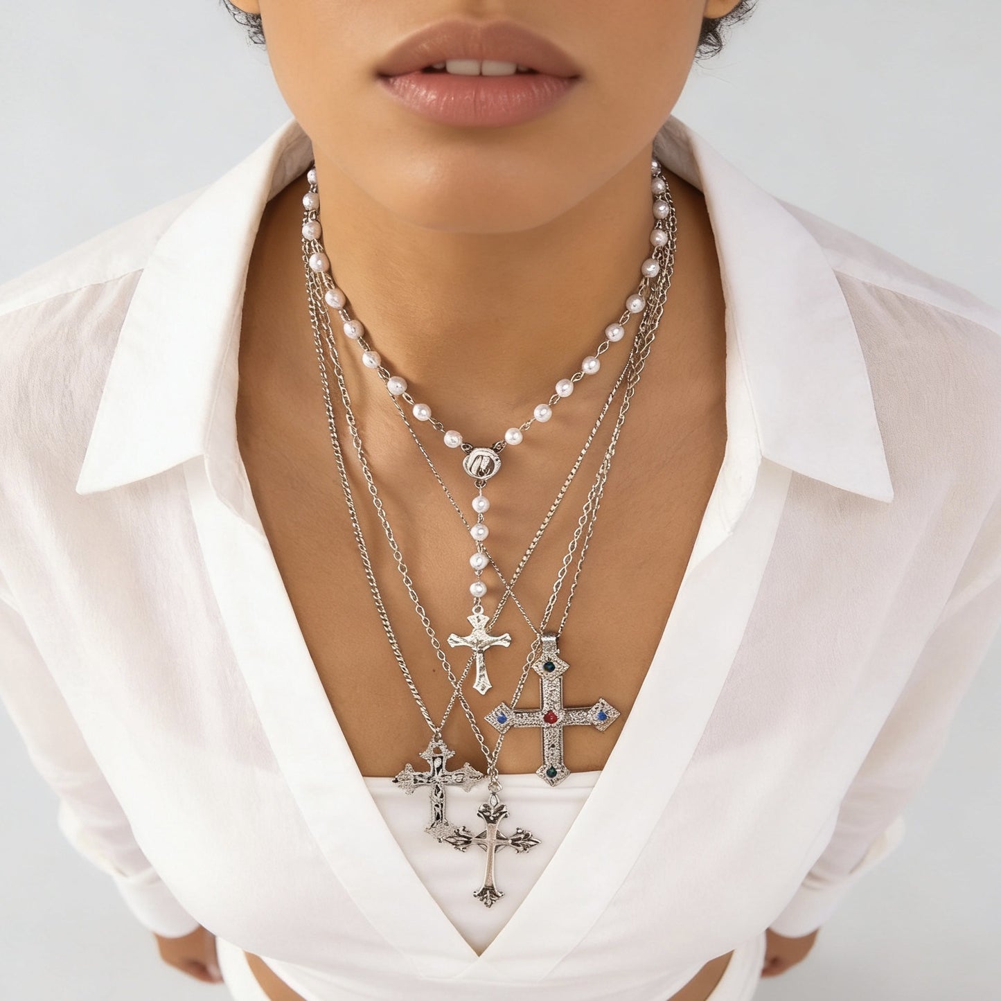 Collana pendente a croce geometrica hip-hop con catena in lega placcata e perle finte, unisex