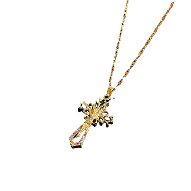 Minimalist Cross Pendant Necklace for Women in Titanium Steel with Micro-Pavé Rhinestones on Cross Chain
