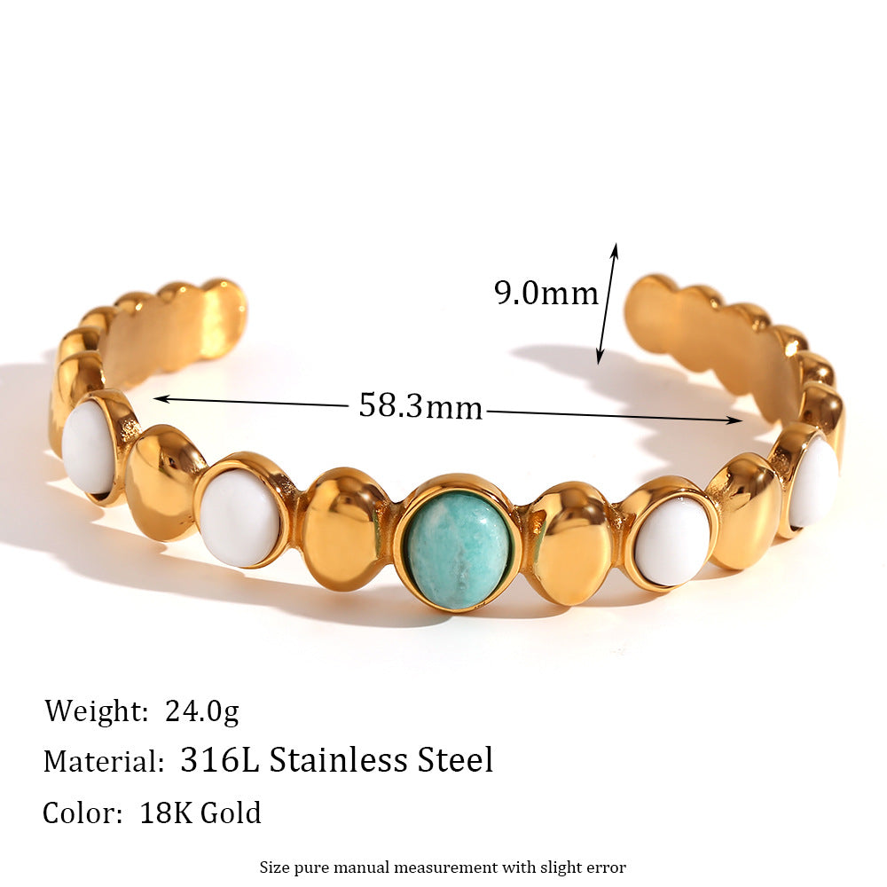 Bracciale da donna in acciaio inossidabile placcato oro 18 carati con occhio di Allah, design geometrico vintage e intarsi in pietra naturale