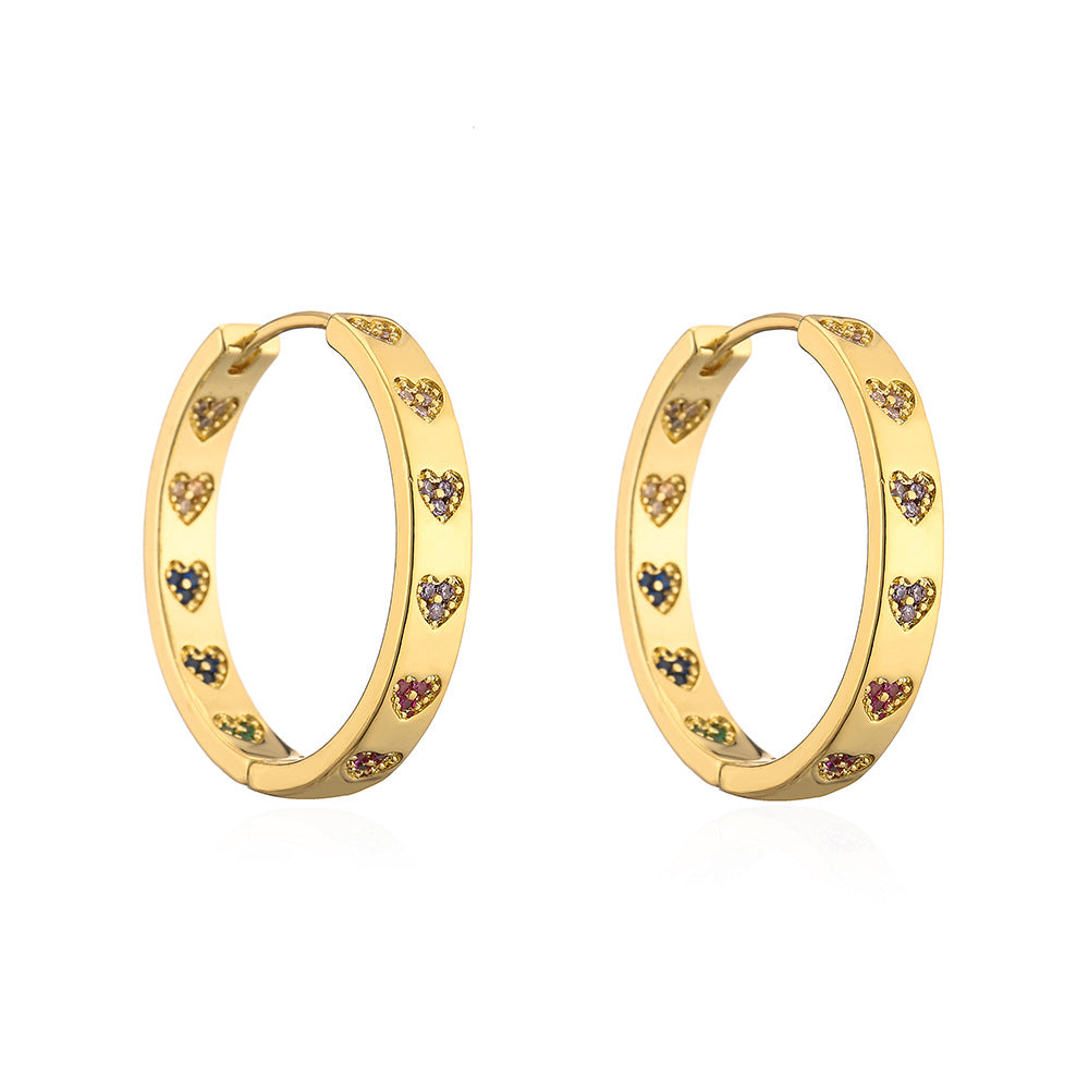 Orecchini a Cerchio Geometrici in Rame d'Ispirazione Vintage con Placcatura in Oro 18K e Accento a Cuore in Zirconia Cubica da Donna