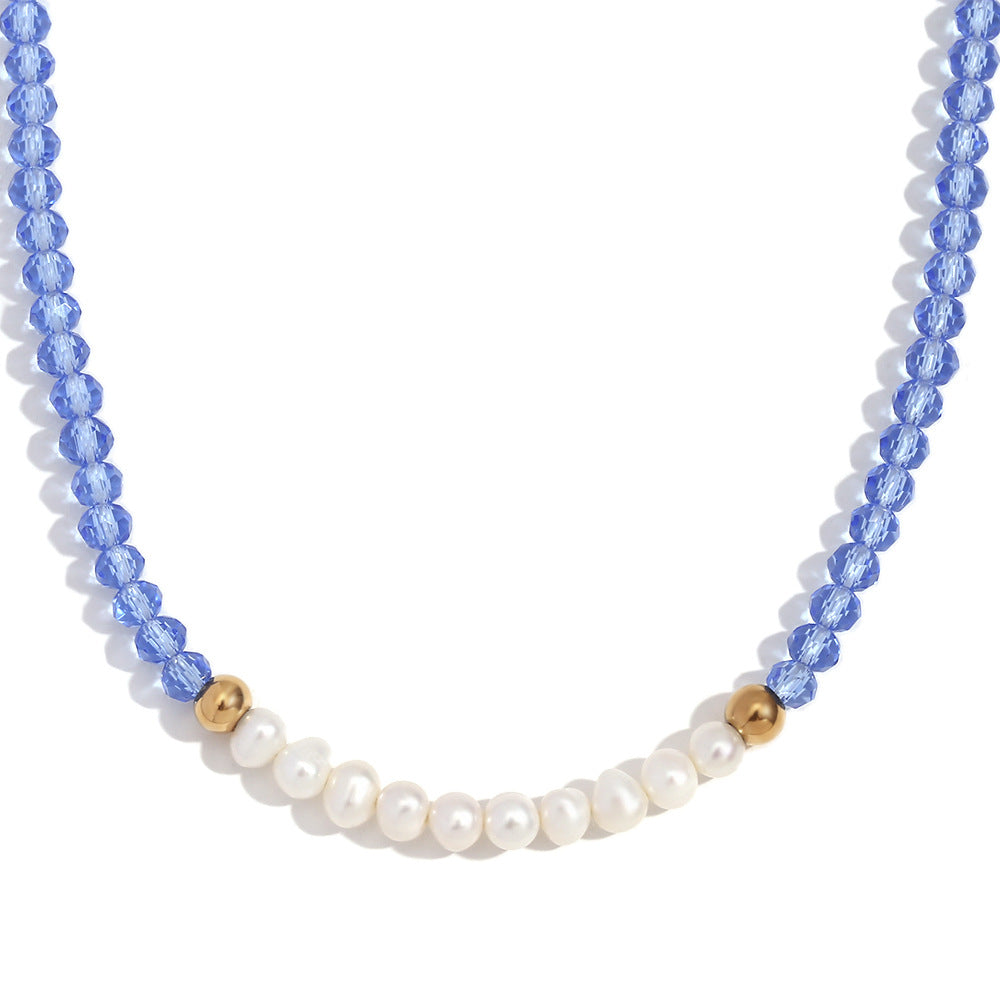 Vintage Style Geometric Pendant Necklace for Women with Stainless Steel Chain, Titanium Steel Pendant, Plated Finish, Freshwater Pearl and Blue Faceted Crystal Accents