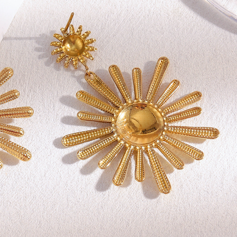 Minimalist Sunflower Pendant Earrings in Stainless Steel with 18K Gold Plating for Women