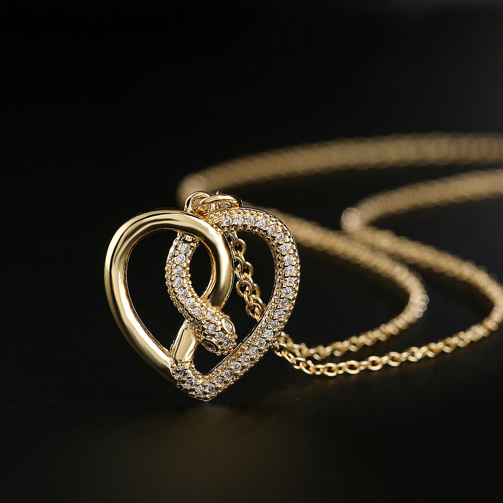 Geometric Snake Pendant Necklace for Women Made of Copper with 18K Gold Plating and Zircon Inlay