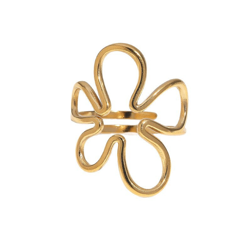 Sweet Minimalist Hollow Flower Plated Stainless Steel Ring for Women