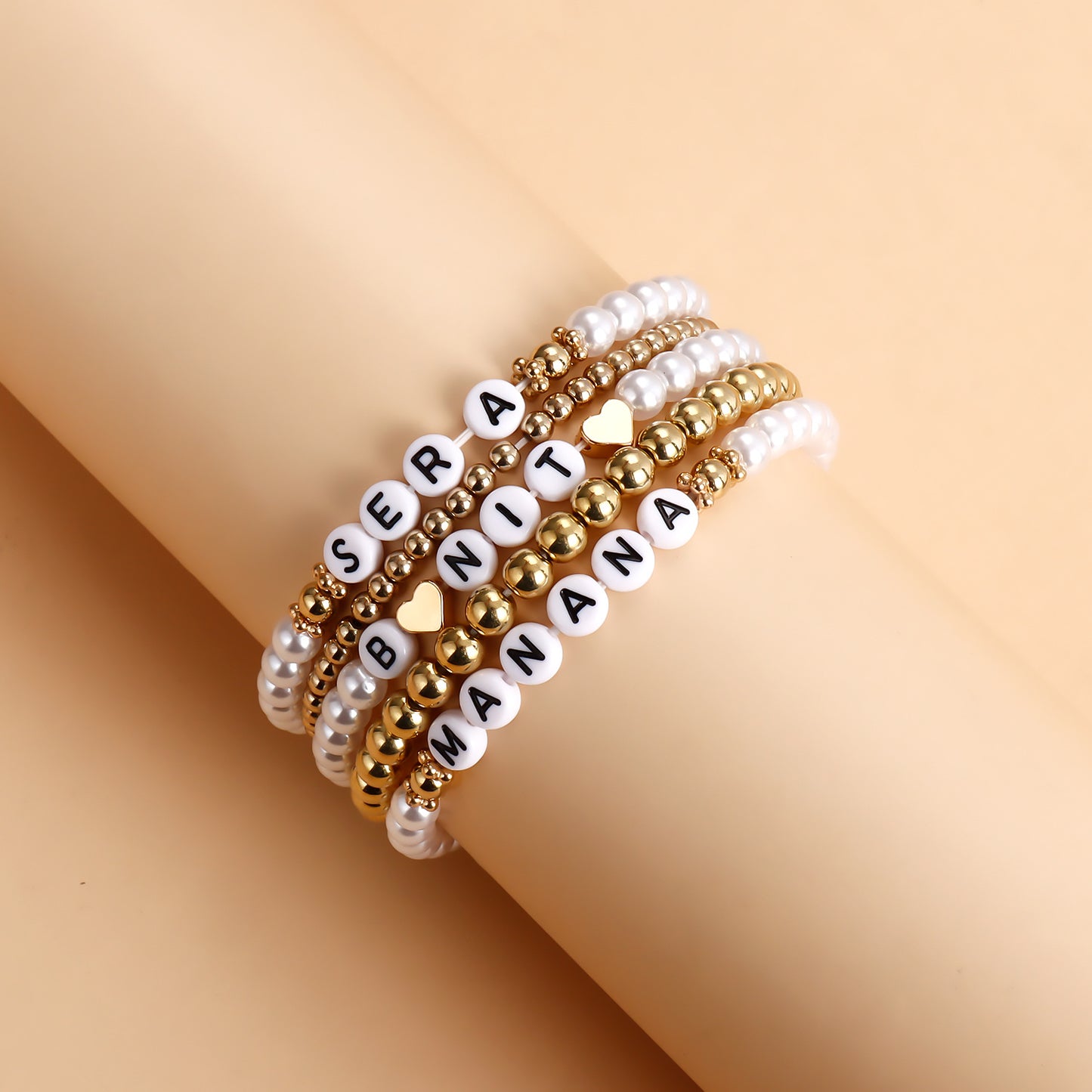 Geometric Style Gold-Plated Fake Pearl Letter Bracelet Set for Women, Music Festival and Concert Fan Gift
