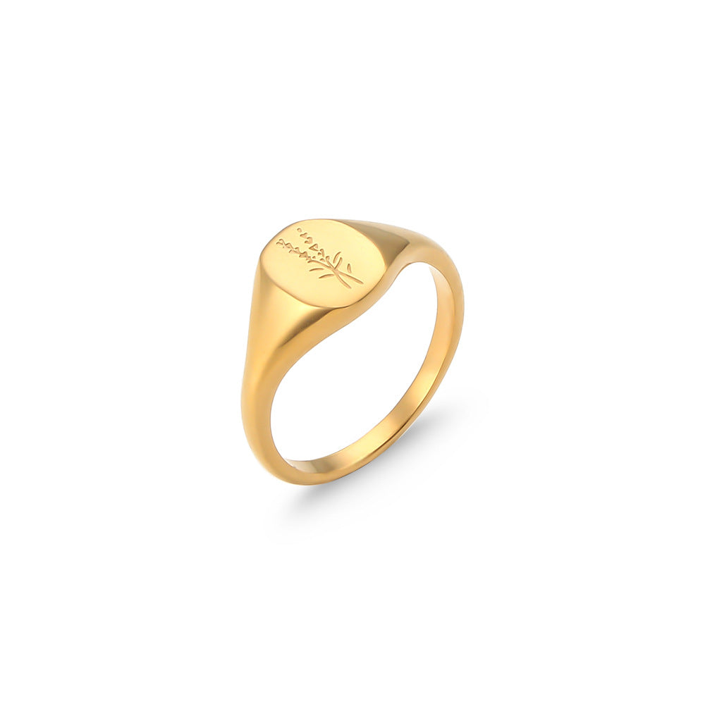 Anello da donna alla moda in acciaio inossidabile a forma di girasole con finitura galvanica e motivo lavanda inciso