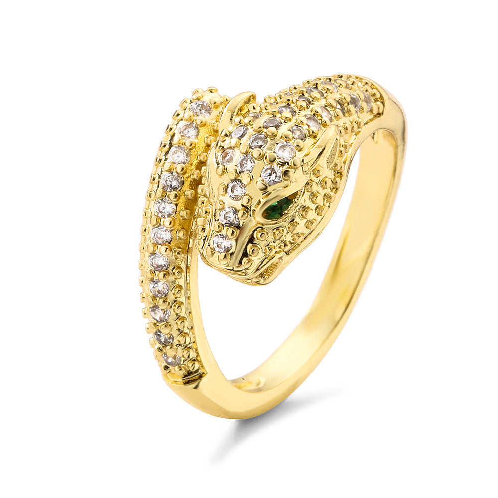 Hip Hop Style Leopard-Shaped Geometric Ring for Women in Brass with 18K Gold Plating and Zircon Inlay