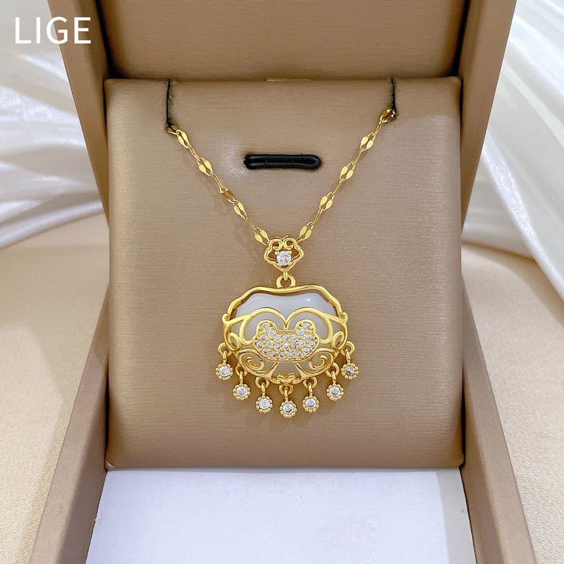 Luxury Tassel Lucky Lock Pendant Necklace for Women Stainless Steel Chain with Moon Motif Geometric Design