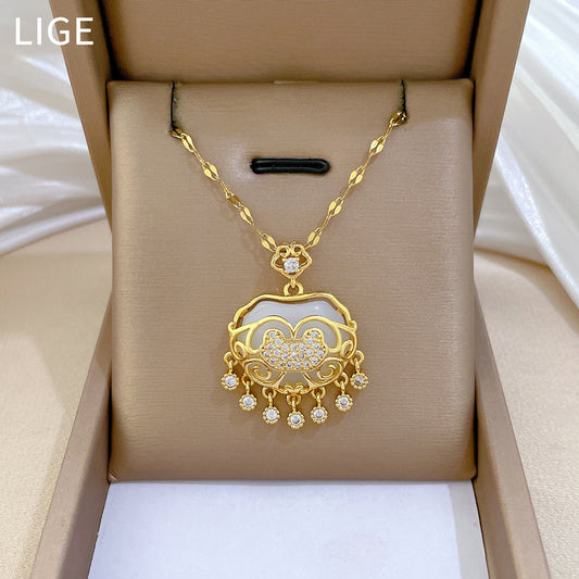Luxury Tassel Lucky Lock Pendant Necklace for Women Stainless Steel Chain with Moon Motif Geometric Design