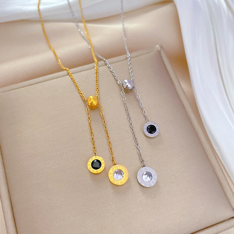 Minimalist Titanium Steel Geometric Pendant Necklace for Women with Adjustable Extension Chain and Floral Motif Design