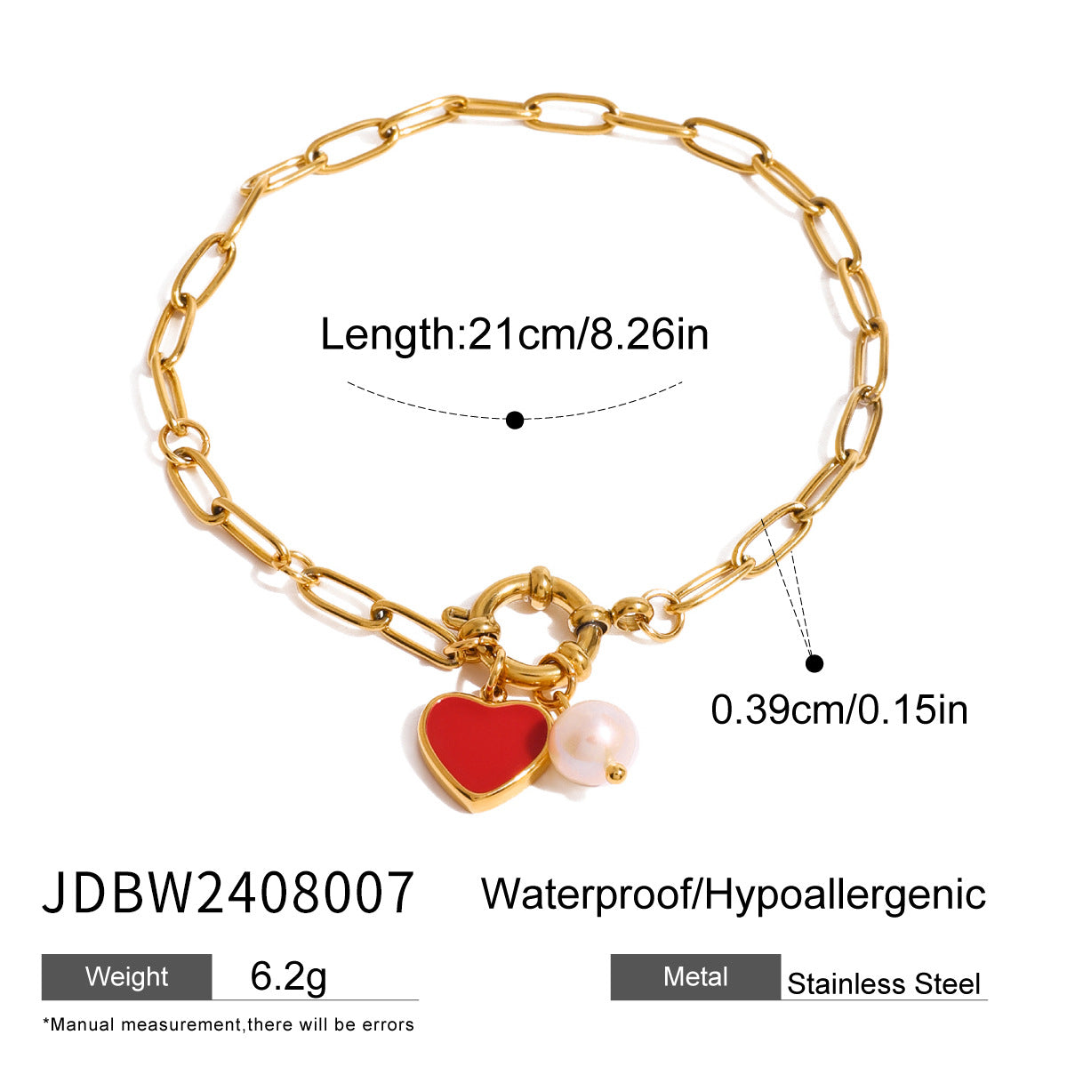 Sweet Lady Style 18K Gold Plated Stainless Steel Heart Pendant Bracelet with Pearl Inlay