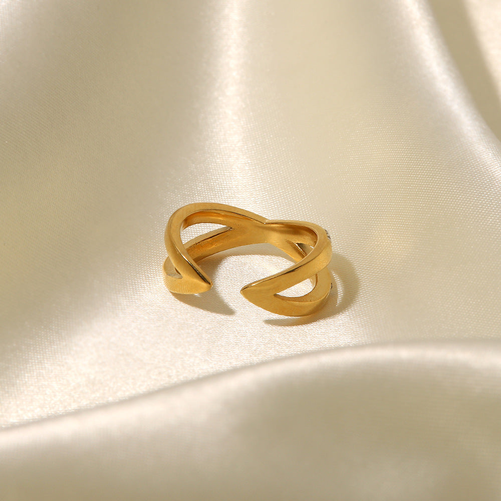 Minimalist French-Inspired Geometric Stainless Steel Ring with 18K Gold Plating, White Rhinestone Inlay, and Adjustable Open Band for Women