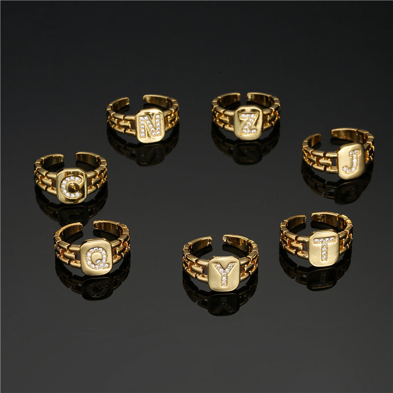 Minimalist Letter Shape Copper Ring with Micro-Pavé Setting Adjustable Geometric Band